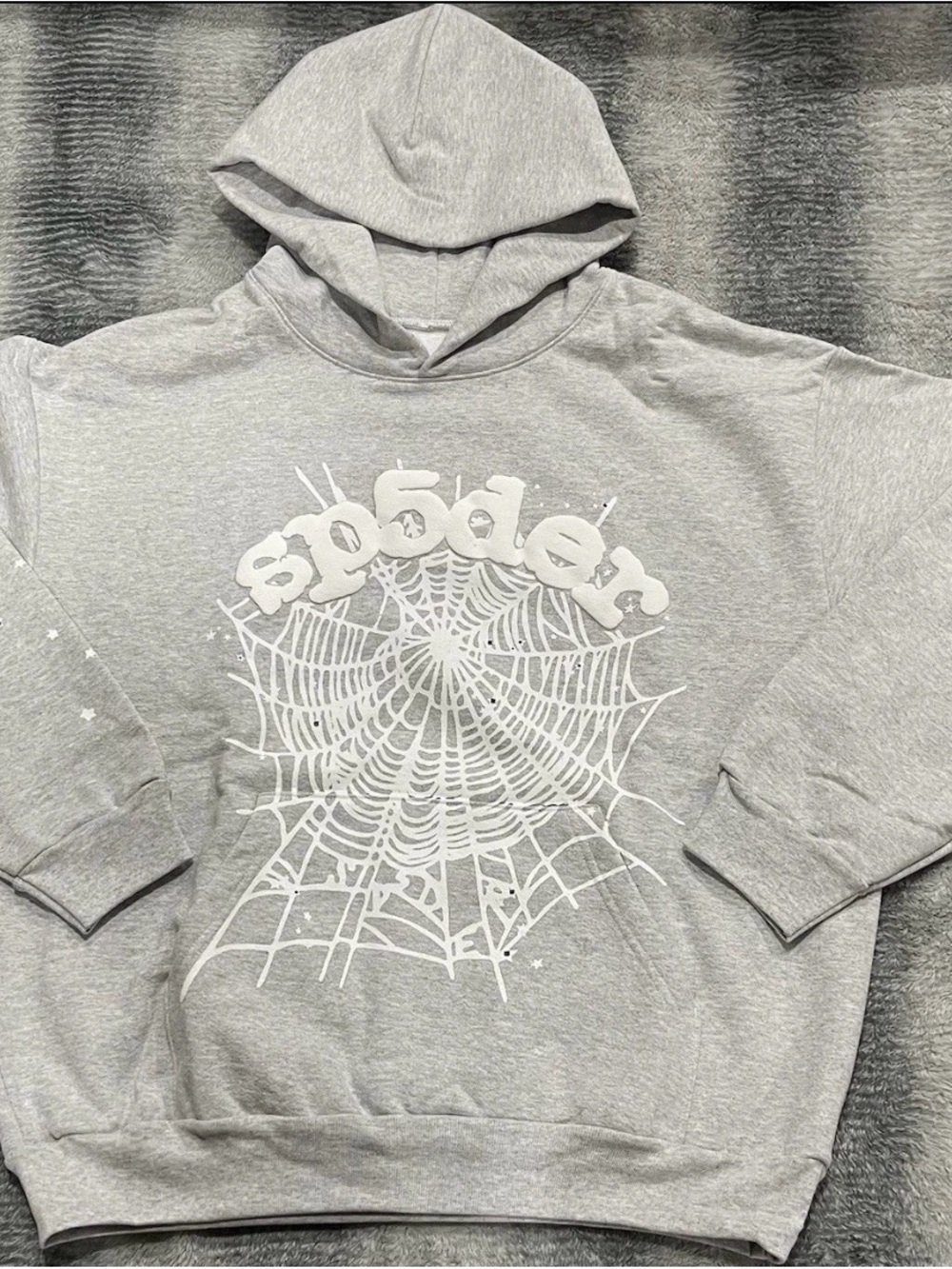 Men's Grey Crewneck Hoodie with White Spider Web Graphic